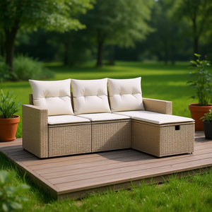 Ensemble de canapé de jardin 3 places en polyrotin beige moderne avec rangement, mobilier d'extérieur, structure en acier - Product Image 2