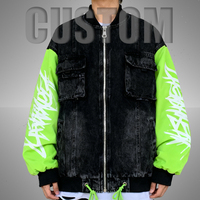 Blouson Bomber Vert Néon Tendance avec Manches Effet Graffiti - Veste Cargo Oversize en Jean Noir pour Hommes