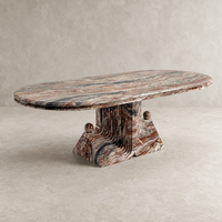 Table à manger en marbre de luxe Monica, marbre rouge, ovale, sculptée à la main, avec un magnifique piédestal en forme de lion, pour une décoration haut de gamme du salon.
