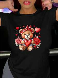 T-shirt con stampa di cuori di orsetti, da donna, girocollo, manica corta, casual, estiva, alla moda, per viaggi, vacanze, uso quotidiano, S-XXL - Product Image 3