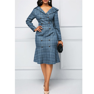 Vestidos Gingham de manga larga para mujer, ropa informal con cuello en V para oficina y otoño - Product Image 4