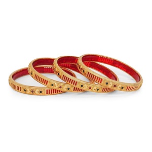 Classic Gold Look Metal Bangle with Decorative Color Work and Detailed Cutting Pattern Over <b>Red</b> Seep Kada Indian Traditional - Product Image 3