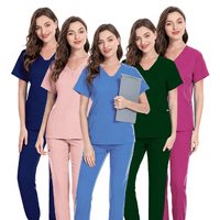 Tenue médicale personnalisée en gros avec logo, style jogger à col en V, ensemble de blouses médicales à manches courtes pour hommes et femmes