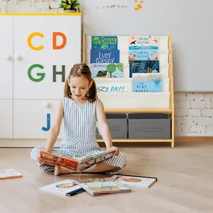 2024 Kids Wooden And Canvas Bookshelf With Cabinet Storage Montessori Bookcase Book Rack For Children