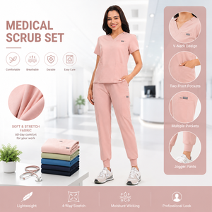 Ensemble de pantalon de jogging et haut de blouse à col en V pour femmes, extensible dans les 4 sens, anti-humidité, multi-poches, uniformes médicaux, approvisionnement en gros - Product Image 2