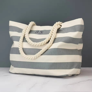 Cá nhân quá khổ vải đen bãi biển <span class=keywords><strong>Tote</strong></span> túi màu sắc tự nhiên dây xử lý thêu tùy chỉnh logo với sọc bãi biển túi - Product Image 3