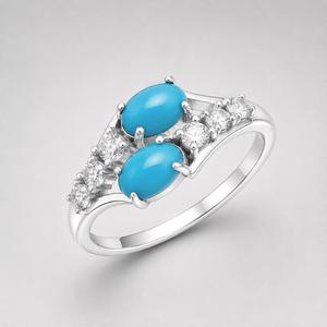 <b>Turquoise</b> 925 Sterling Silver <b>Ring</b> - Twin Oval Cabochons with CZ Accents - Product Image 5