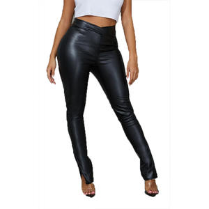 KY Nouveau Design Designer Faux Pantalon Serré En <span class=keywords><strong>Cuir</strong></span> Shaper PU V AVANT RUCHED BUM SPLIT HEM PANTALON - Product Image 1