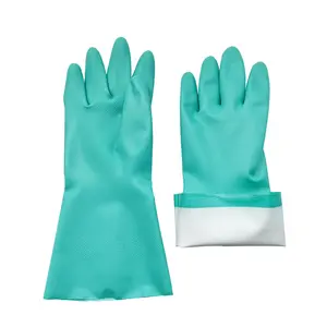 Firm Grip Heavy Duty Long Cuff Flocklined 15 Mil Individual Pack Industrial Green Nitrile Work Safety Gloves Chemical Resistant