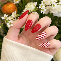 Faux ongles à presser rayés rouge et blanc, longs et en forme d'amande, réutilisables, 24 pièces