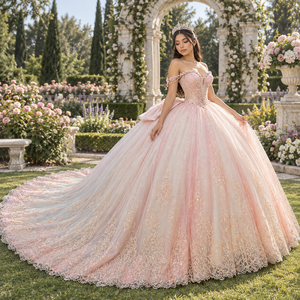 Vestido de Fiesta de Quinceañera Xy009 Color Rosa, Vestido de Gala con Hombros Descubiertos, Lazo Rosa, Estilo Vintage, 100% Poliéster, Cola de Capilla - Product Image 1