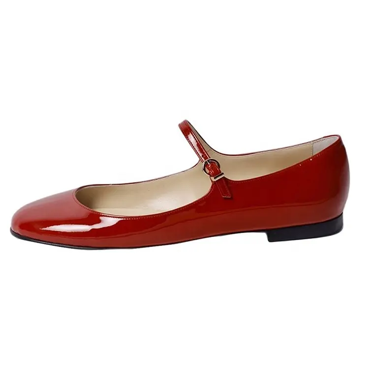 Sapatos baixos elegantes com alça de fivela para meninas, sapatos redondos elegantes e personalizados em cores patenteadas para mulheres, sapatos baixos de Mary Jane