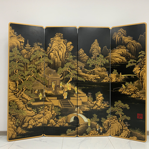 Paravento in Stile Cinese Dipinto a Mano con Sfondo Nero, Artigianato in <span class=keywords><strong>Legno</strong></span> Laccato Retrò, Mobile Pieghevole - Product Image 3