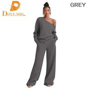 Drop Shoulder Formal Solid 2 Piece Outfits for Women Sexy Long Sleeve Sweatsuit Jogging <strong>Pants</strong> Sets Tracksuit Breathable Pockets - Product Image 4