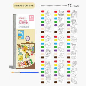 Livre de peinture aquarelle personnalisé, 12 feuilles, motifs variés de cuisines et desserts, avec pinceaux pré-imprimés pour enfants, filles, école, art, fête, vacances - Product Image 1