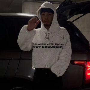 Sweat à capuche OEM coupe ample avec strass en cristal pour homme, personnalisé, surdimensionné, brillant, avec impression sérigraphique de grands strass, en tissu épais - Product Image 3