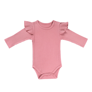 Romper Bayi Perempuan Warna Solid Berkualitas Tinggi dari Katun Organik, Lengan Panjang, Berbahan Rib Elastis dengan Ruffle, Baju Terusan Bayi Baru Lahir - Product Image 1
