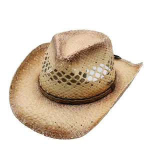 Precio barato Cómodo Verano Vaquero occidental Sombrero de paja unisex Correa Sombreros de vaquero de paja para hombres