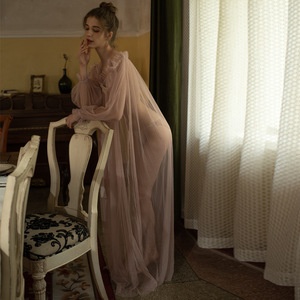 Vestido Largo Sexy de Encaje para Mujer, Vestido Transparente, Lencería Babydoll, Bata de Novia, Camisón de Malla, Bata Transparente con Mangas - Product Image 6