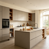Meubles de cuisine de luxe en contreplaqué sur mesure avec panneaux encastrés, portes vitrées modernes modulaires intégrées, rangement de garde-manger, écologiques