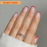 Faux ongles courts rouges français personnalisés, design de marque, vente en gros, en gel souple rose pastel, faits à la main, à presser