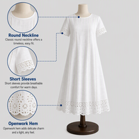 Gaun Midi Grosir Bahan Linen Campuran Kerah Bulat Lengan Pendek Wanita Model Terbuka di Bagian Bawah Kasual Musim Panas Logo Kustom OEM Gaun Midi