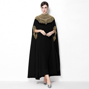 Vestido tipo capa maxi de chifón tejido lavable con cuello alto, cintura holgada, pedrería natural y cuentas, en 6 colores sólidos, ideal para verano. - Product Image 3