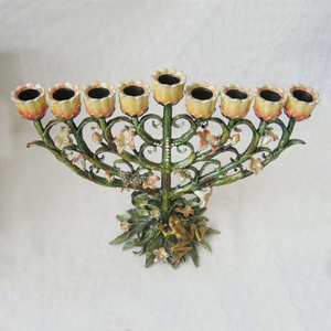 Diseño de flores esmaltadas a mano, Bronce Antiguo, verde y rosa, Metal, aleación de Zinc, nueve ramas <span class=keywords><strong>Menorah</strong></span> - Product Image 3