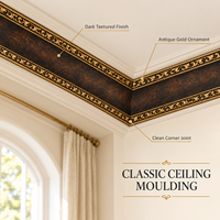 Moulure de plafond décorative en PS Banruo, grain de bois foncé doré antique, pour villa et hôtel