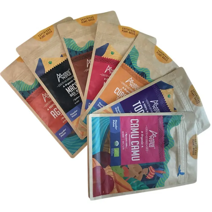 Custom Resealable Biodegradable Compostable Kraft Paper Pouch Stand up Doypack with Window for Snack Powder Packaging Bags