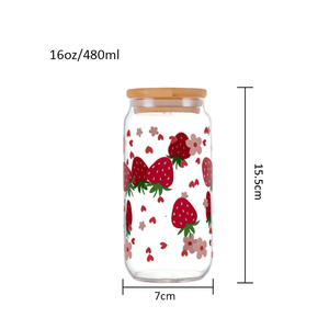 Taza de vidrio de fresa de 16oz con tapa de bambú y pajita, vasos transparentes resistentes al calor para beber agua, tazas de café ecológicas - Product Image 1