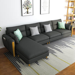L-Shaped Fabric <b>Sofa</b> Dark Gray Three Seater Modern Living Room Upholstered <b>Sofa</b> With Wooden Legs - Product Image 3