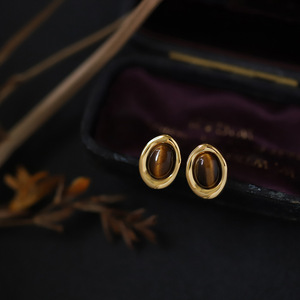 Ensemble de bijoux rétro tendance en pierre naturelle en acier inoxydable étanche plaqué or 18 carats collier oeil de tigre ensembles de boucles d'oreilles pour femmes - Product Image 3
