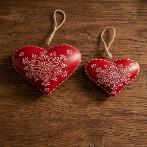 <b>Red</b> Heart Metal <b>Ornaments</b> with White Embossed Floral Design for Valentine's Day Decor - Product Image 5