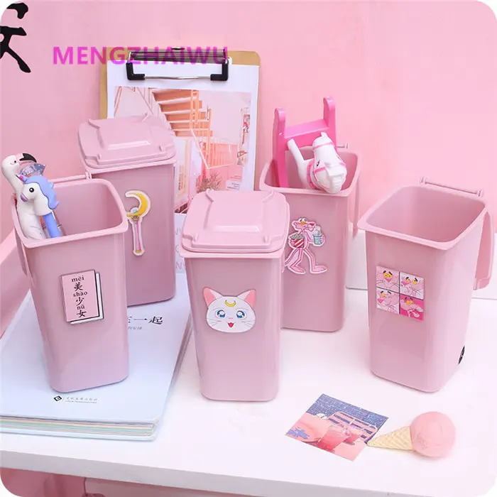 Não estoque Escritório estacionário suprimentos inteiros bonito rosa meninas uso plástico caixa de armazenamento engraçado lixo lata em forma design mesa caneta titular