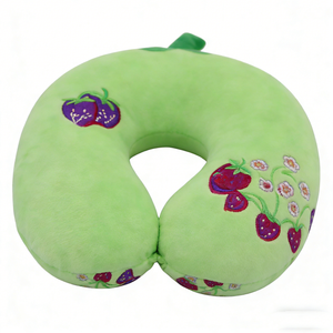 Green Plush <b>Neck</b> Pillow With Strawberry Embroidery For Kids 2-4 Years Unisex Travel Support <b>Cushion</b> - Product Image 3