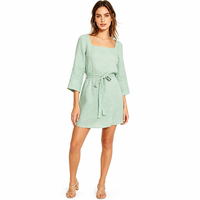 Robe courte ample en lin/coton unie avec col carré, manches trois-quarts et lien à nouer pour femme, printemps-été, décontractée