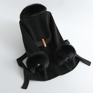 Abrigo de Cachemira negro al por mayor de fábrica con puños de cuello de piel de zorro Real, abrigo de piel elegante para mujer, gabardina mediana de lana - Product Image 2