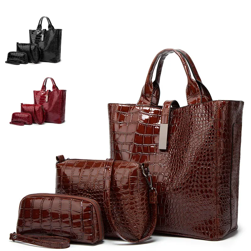 OEM tas tangan brown women crocodile leather luxury bags women handbags clutch handbag set tote bag hand bags shoulder