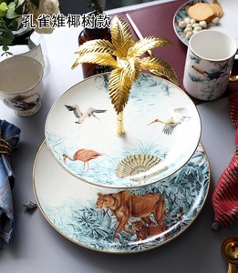 จานผลไม้ 2 ชั้น จานเค้ก ถาดขนมหวานและผลไม้อบแห้ง ถาดเซรามิกคู่ หรูหรา ลายสัตว์ป่า สไตล์มินิมอล - Product Image 6