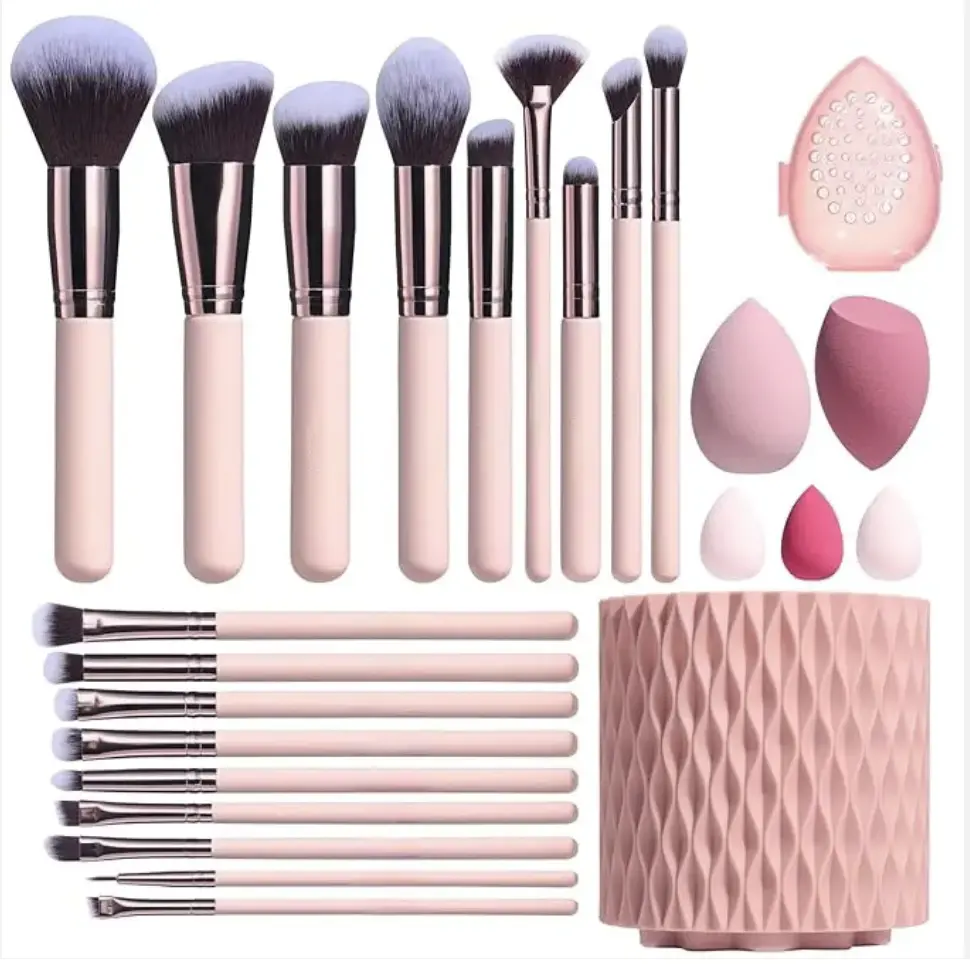 Bsmall BS MALL Premium Synthetic Pink Kabuki Wood Makeup Brush Sets & kits by Bs-mall 18 Pcs with 5 Sponge & Holder Sponge Case