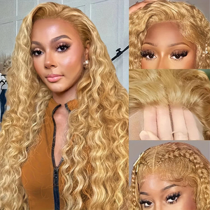 # Perruque bouclée Deep Wave pré-plumée 200 % de densité, <span class=keywords><strong>blond</strong></span> miel, 38 pouces, perruque frontale en dentelle HD transparente 13x6, <span class=keywords><strong>cheveux</strong></span> humains - Product Image 4