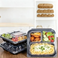 Contenants de préparation de repas jetables en plastique PP transparent, imprimés avec logo personnalisé, utilisables au micro-ondes, pour restaurants et plats à emporter.