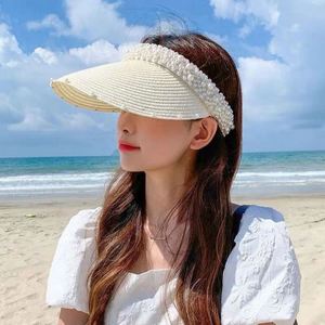 Women's Summer <b>Straw</b> Handmade Pearl Beach Foldable Women's Sun Protection Sun Visor <b>Hat</b> - Product Image 4