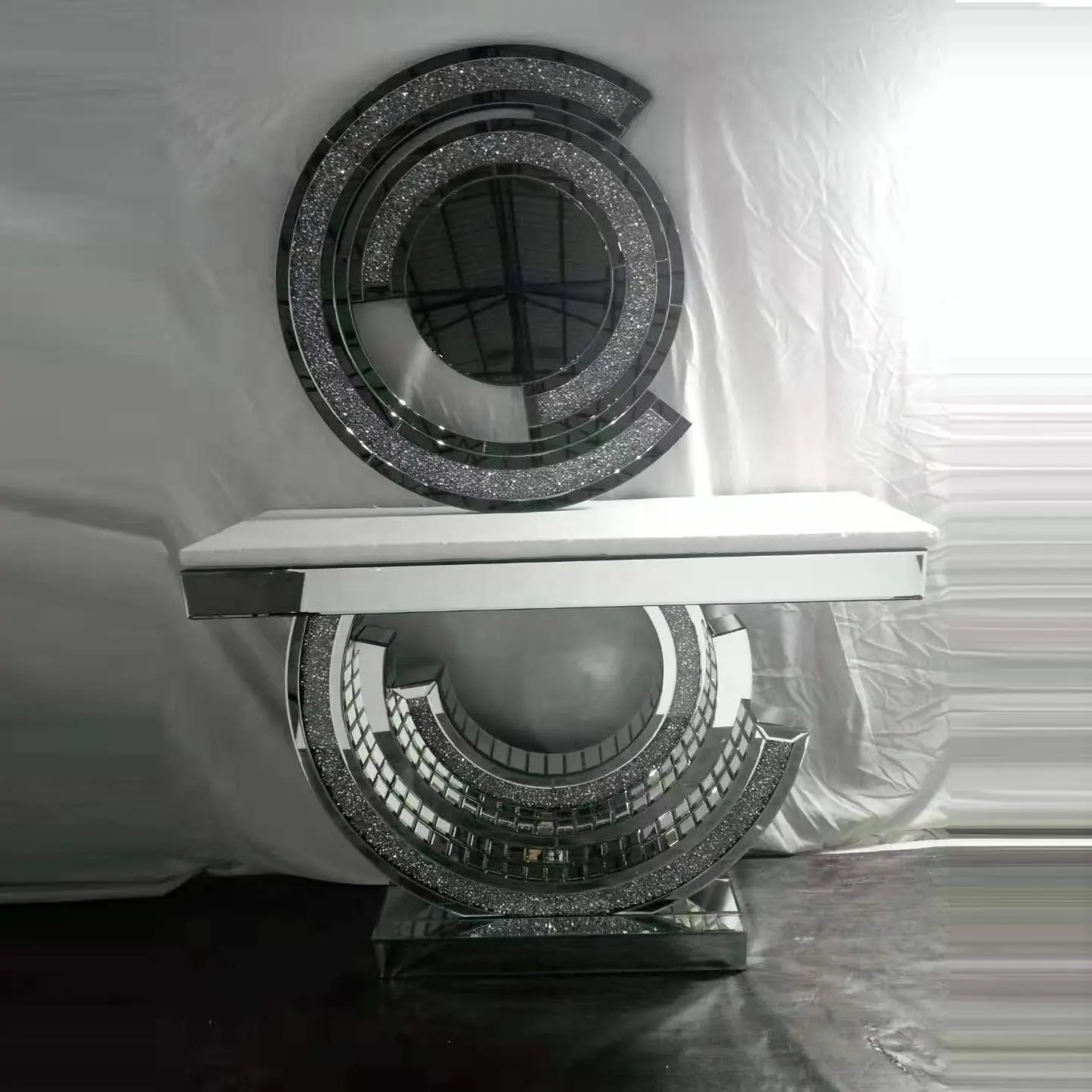 Лидер продаж, роскошный зеркальный стол-консоль с измельченным кристаллом, сверкающее стекло, современная мебель для гостиной, современная мебель под заказ