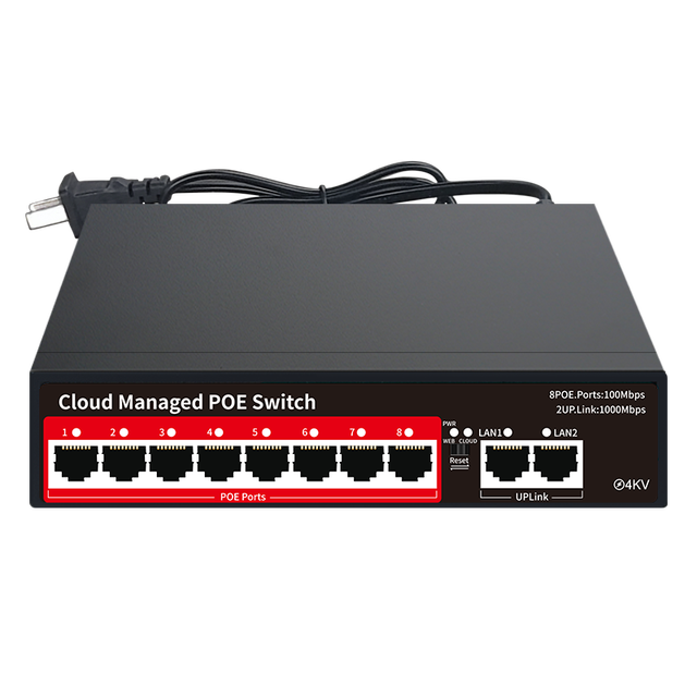 100Mbps 8-Port PoE Switch, 2x 1000Mbps RJ45, Cloud Managed, 90W Built-in Power