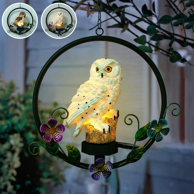 Solar Garden Lights Resin Owl Iron Hanging Night Lamp Warm White Lawn Landscape Outdoor Garden Hanging Light