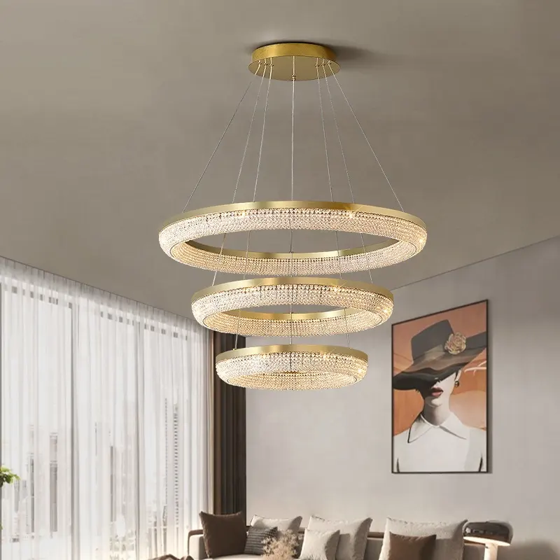 Modern Light Luxury Living Dining Room Decor Design Line Art Circle Ring Crystal Led Strip Chandelier