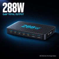 Chargeur de bureau GaN 288W 8-en-1 USB-C PD3.0 Station de charge rapide Sortie 100W Câble rétractable 70cm pour la maison et le bureau