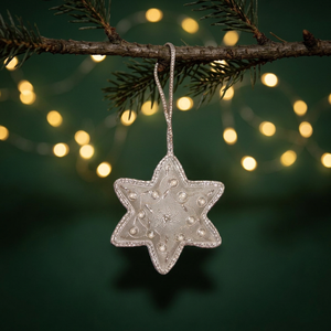 White Color Silver Zari Embroidery Beaded Work Hanging Christmas Tree <b>Decoration</b> <b>Star</b> Shape Standard Size Stonecraft - Product Image 2